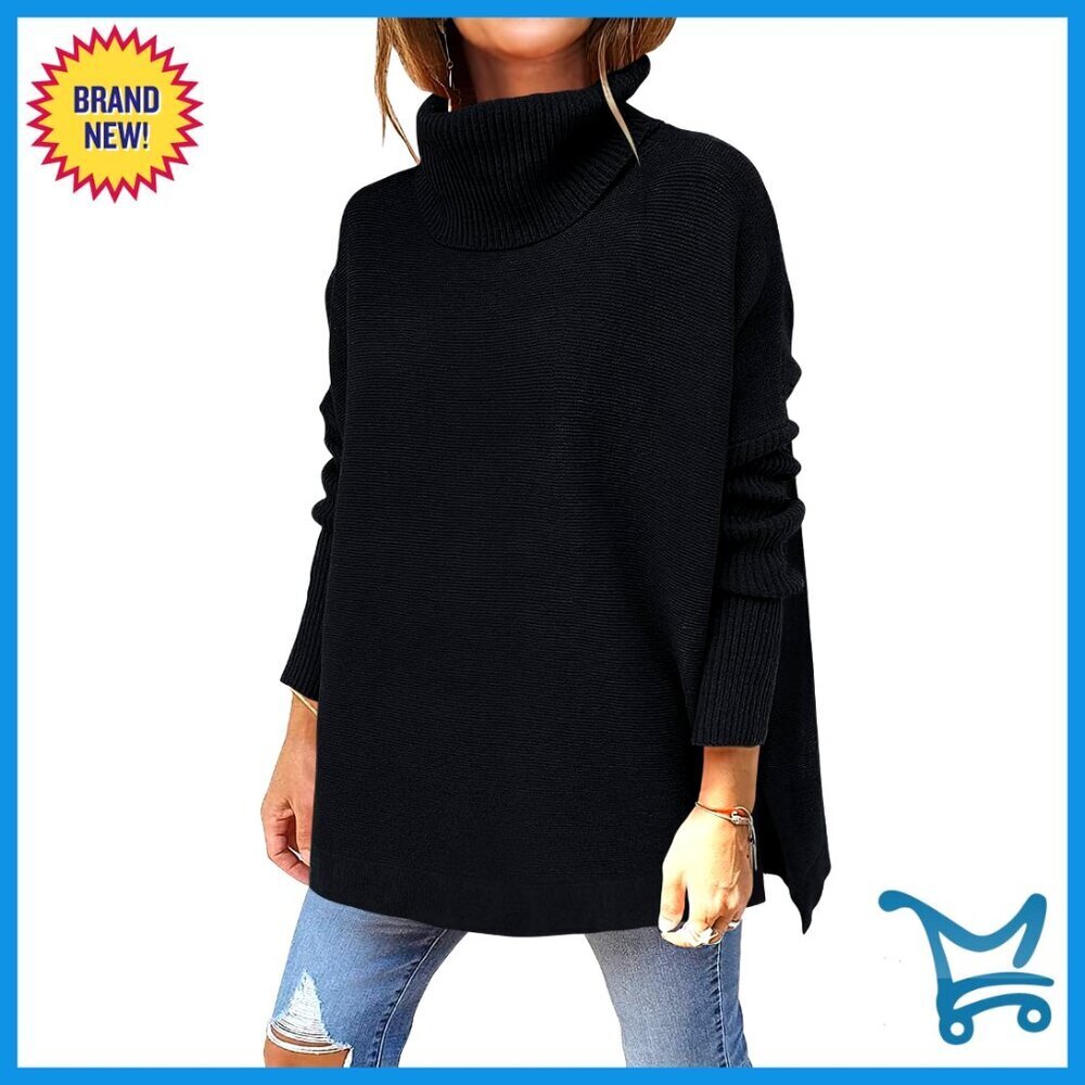 Oversized Turtleneck Batwing Sleeve Split Hem Knit Pullover Sweater